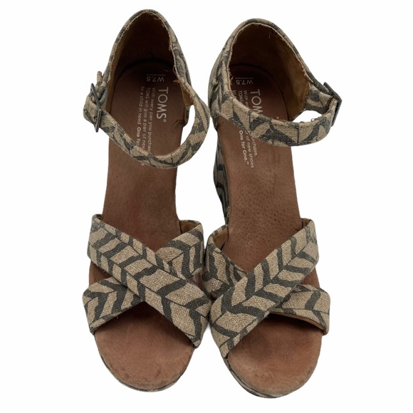 Toms Peep Toe Wedge Sandals Print Gray Cream 7.5 - Picture 10 of 11